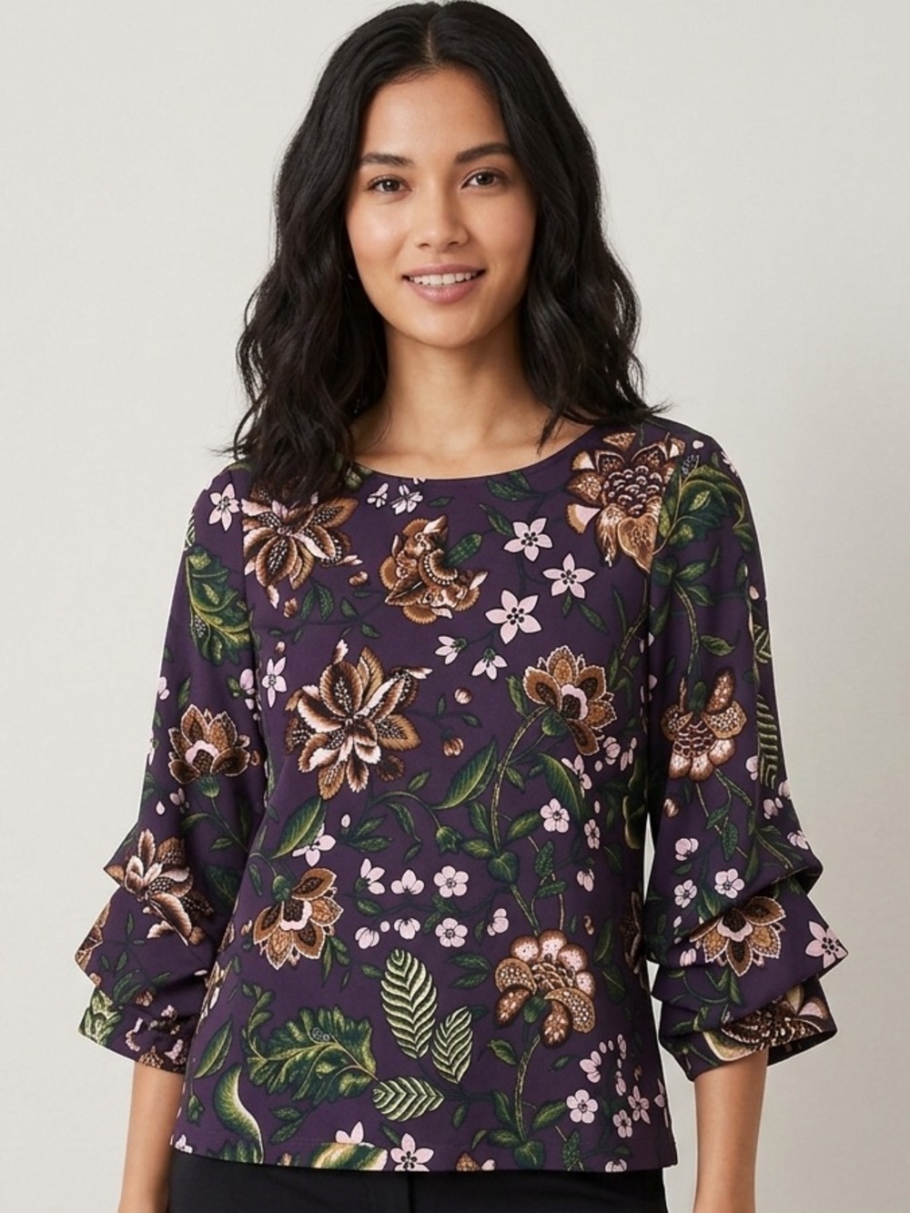Ann Taylor Factory Floral Blouse Purple Tiered Ruffle 3/4 Sleeve Top Women's S